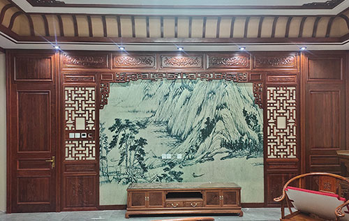 栾城中式仿古别墅客厅背景墙花格木作装饰